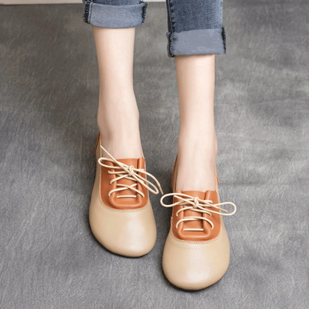 Color-Block Lace-Up Flat Leather Shoes