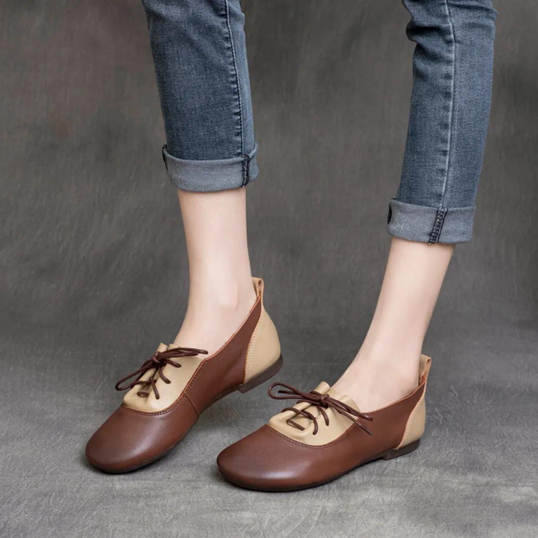 Color-Block Lace-Up Flat Leather Shoes