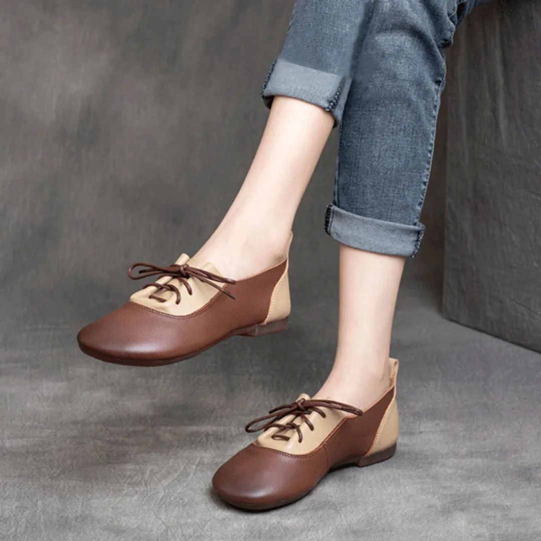 Color-Block Lace-Up Flat Leather Shoes