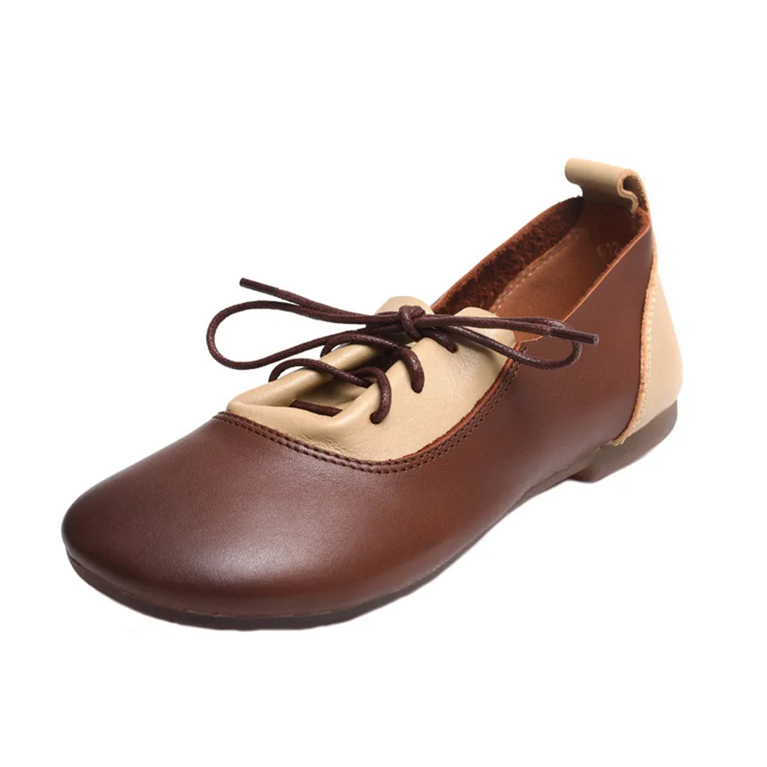 Color-Block Lace-Up Flat Leather Shoes