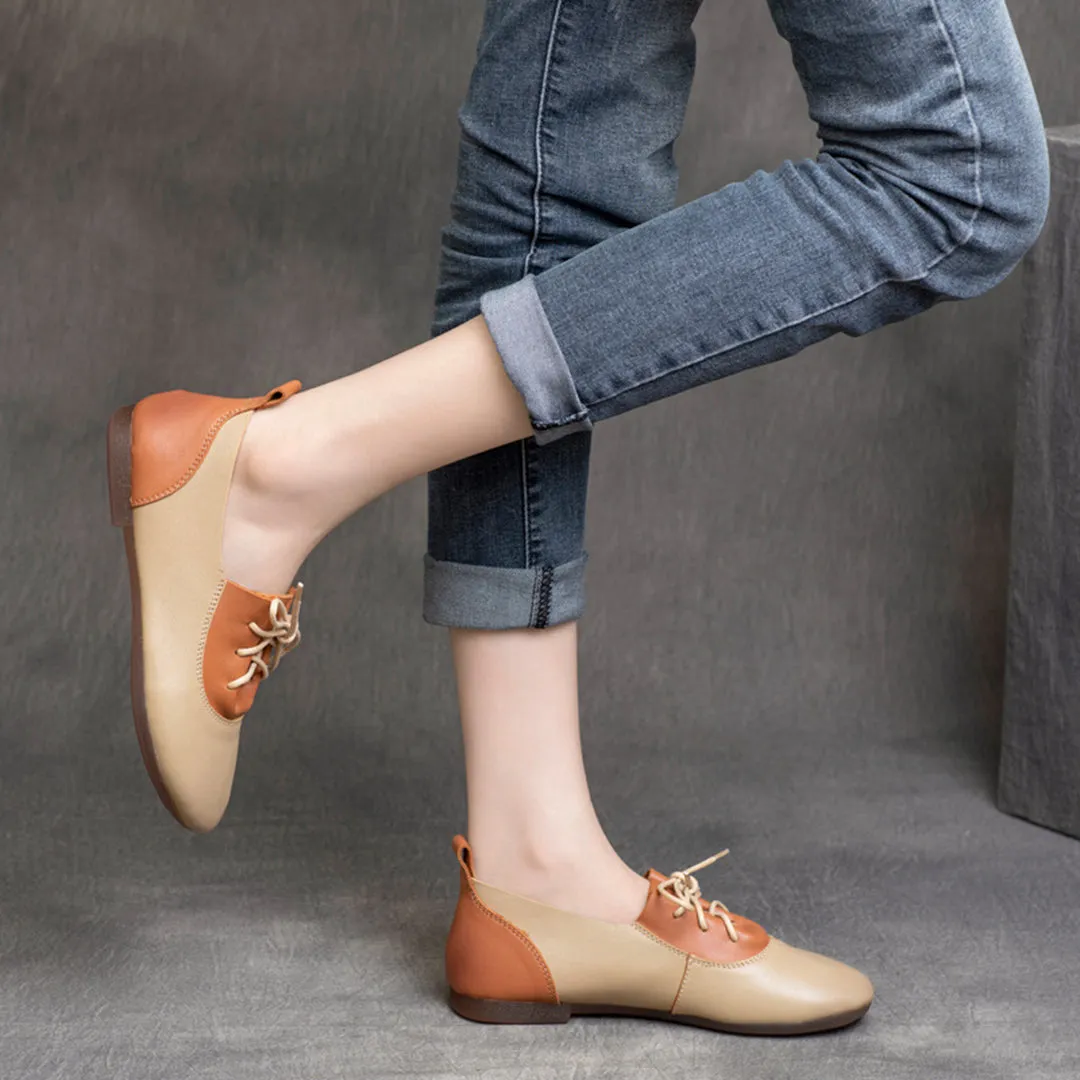 Color-Block Lace-Up Flat Leather Shoes