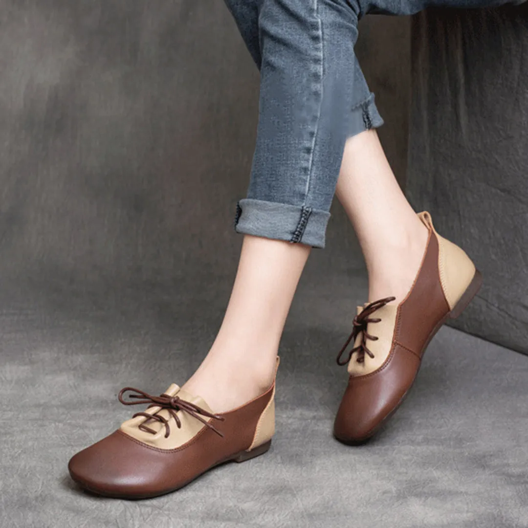 Color-Block Lace-Up Flat Leather Shoes