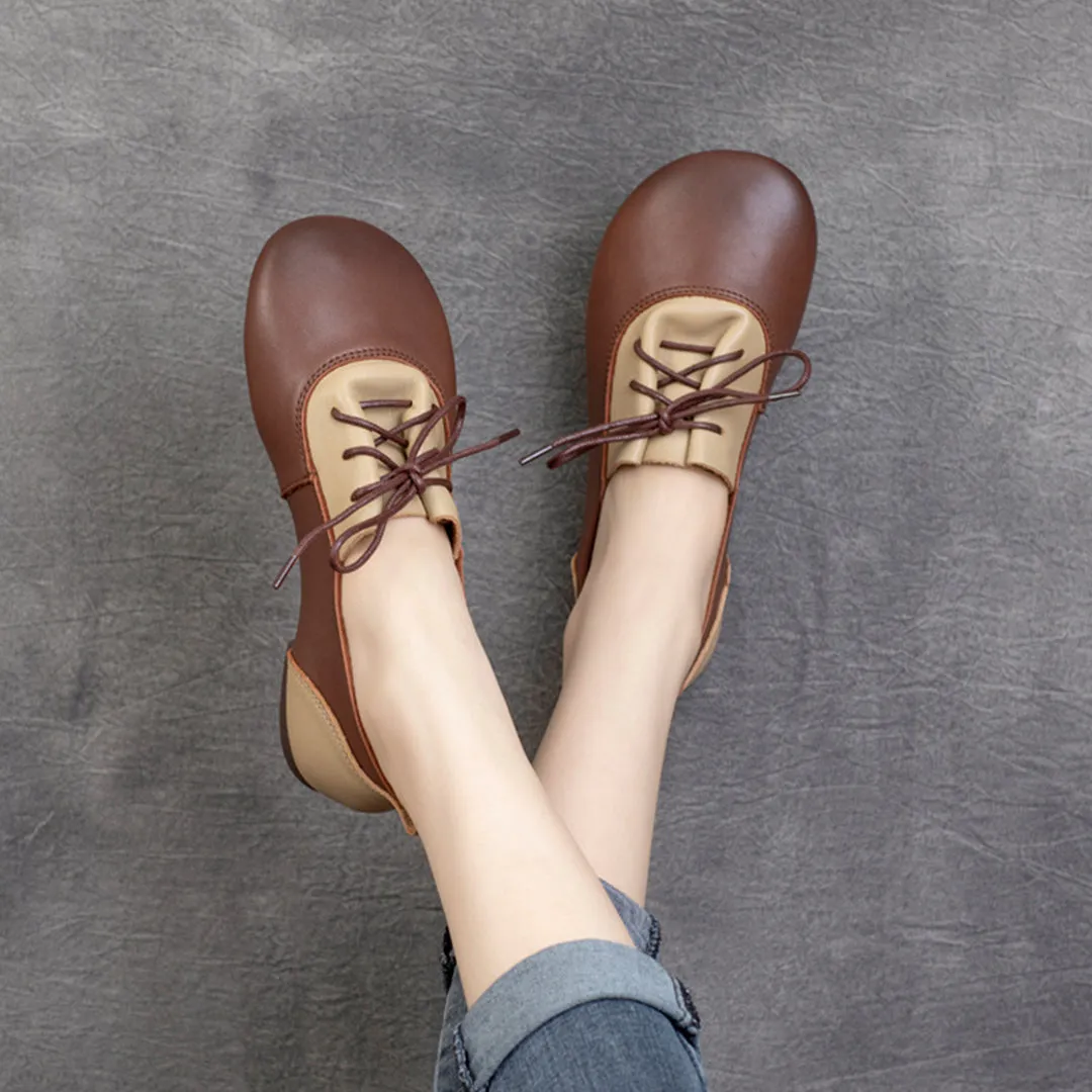 Color-Block Lace-Up Flat Leather Shoes