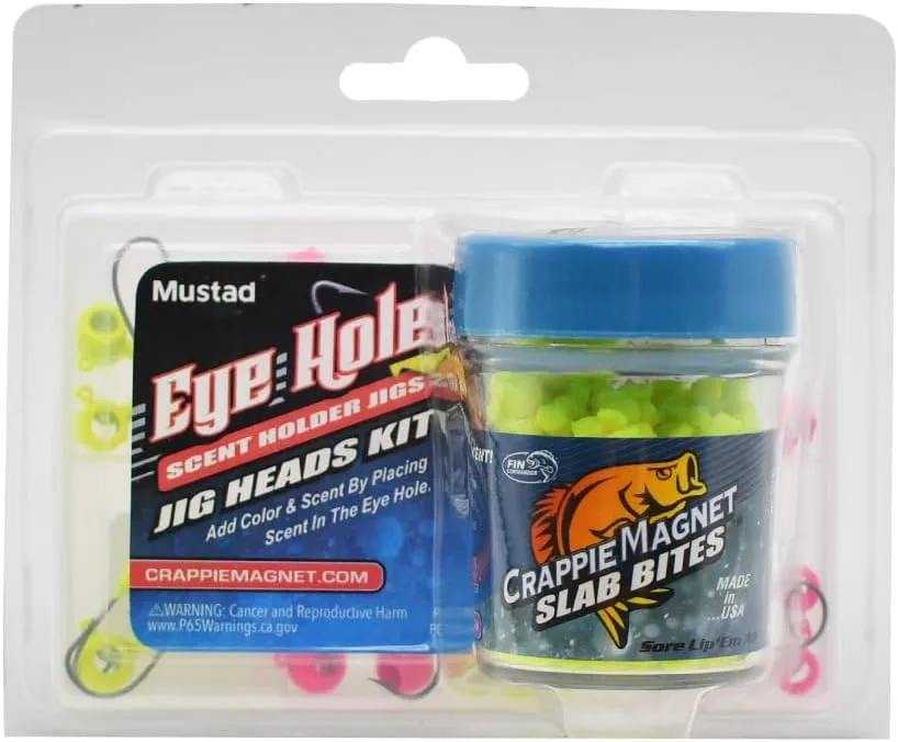 Crappie Magnet Eye Hole Bundle, Includes 12 Hammerhead Scent Holder Jig Heads, 12 Round Scent Holder Jig Head, and 1 Jar Crappie Magnet Slab Bites