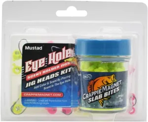 Crappie Magnet Eye Hole Bundle, Includes 12 Hammerhead Scent Holder Jig Heads, 12 Round Scent Holder Jig Head, and 1 Jar Crappie Magnet Slab Bites