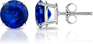 Diamond Wish Platinum Round Blue Sapphire Gemstone Stud Earrings (1 1/2 carat TW) 4-Prong Basket, Push-Back