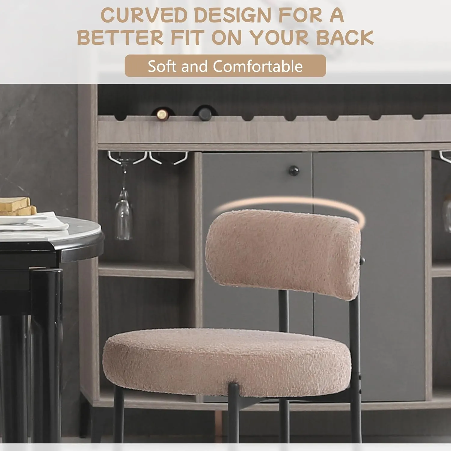 Dining Chairs Set of 2 Round Upholstered Boucle Dining Room Chairs Mid-Century Modern Kitchen Chairs Curved Backrest Dining Chairs with Black Metal Legs, Light Brown