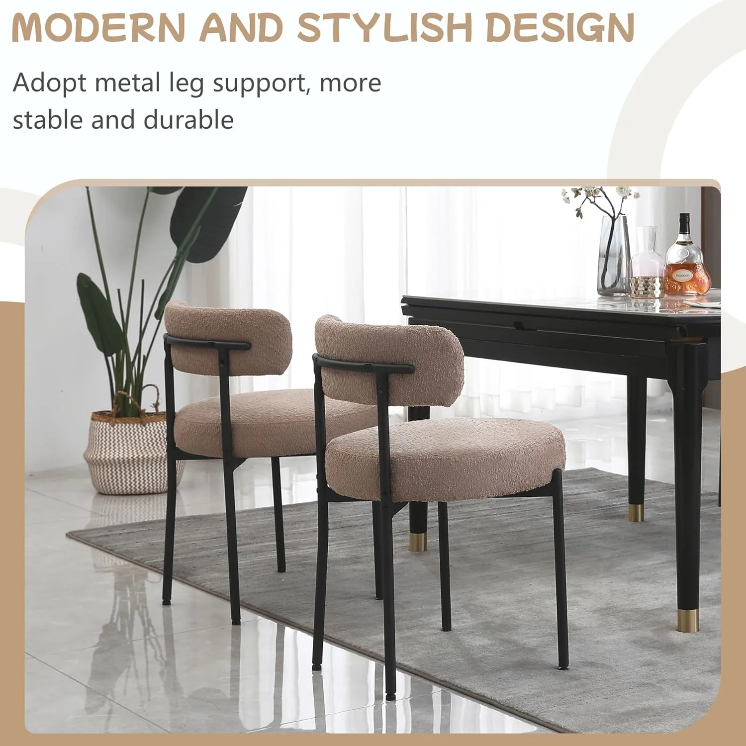 Dining Chairs Set of 2 Round Upholstered Boucle Dining Room Chairs Mid-Century Modern Kitchen Chairs Curved Backrest Dining Chairs with Black Metal Legs, Light Brown