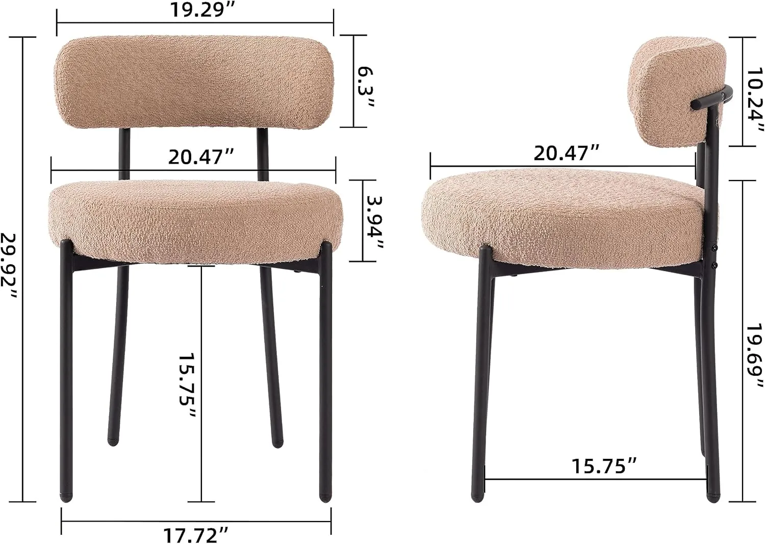 Dining Chairs Set of 2 Round Upholstered Boucle Dining Room Chairs Mid-Century Modern Kitchen Chairs Curved Backrest Dining Chairs with Black Metal Legs, Light Brown