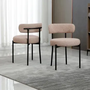 Dining Chairs Set of 2 Round Upholstered Boucle Dining Room Chairs Mid-Century Modern Kitchen Chairs Curved Backrest Dining Chairs with Black Metal Legs, Light Brown