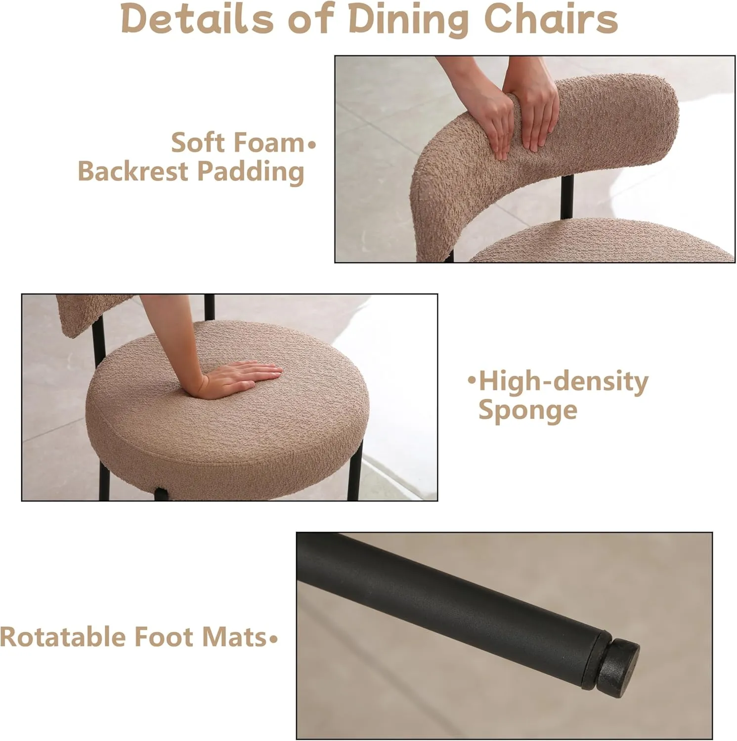 Dining Chairs Set of 2 Round Upholstered Boucle Dining Room Chairs Mid-Century Modern Kitchen Chairs Curved Backrest Dining Chairs with Black Metal Legs, Light Brown