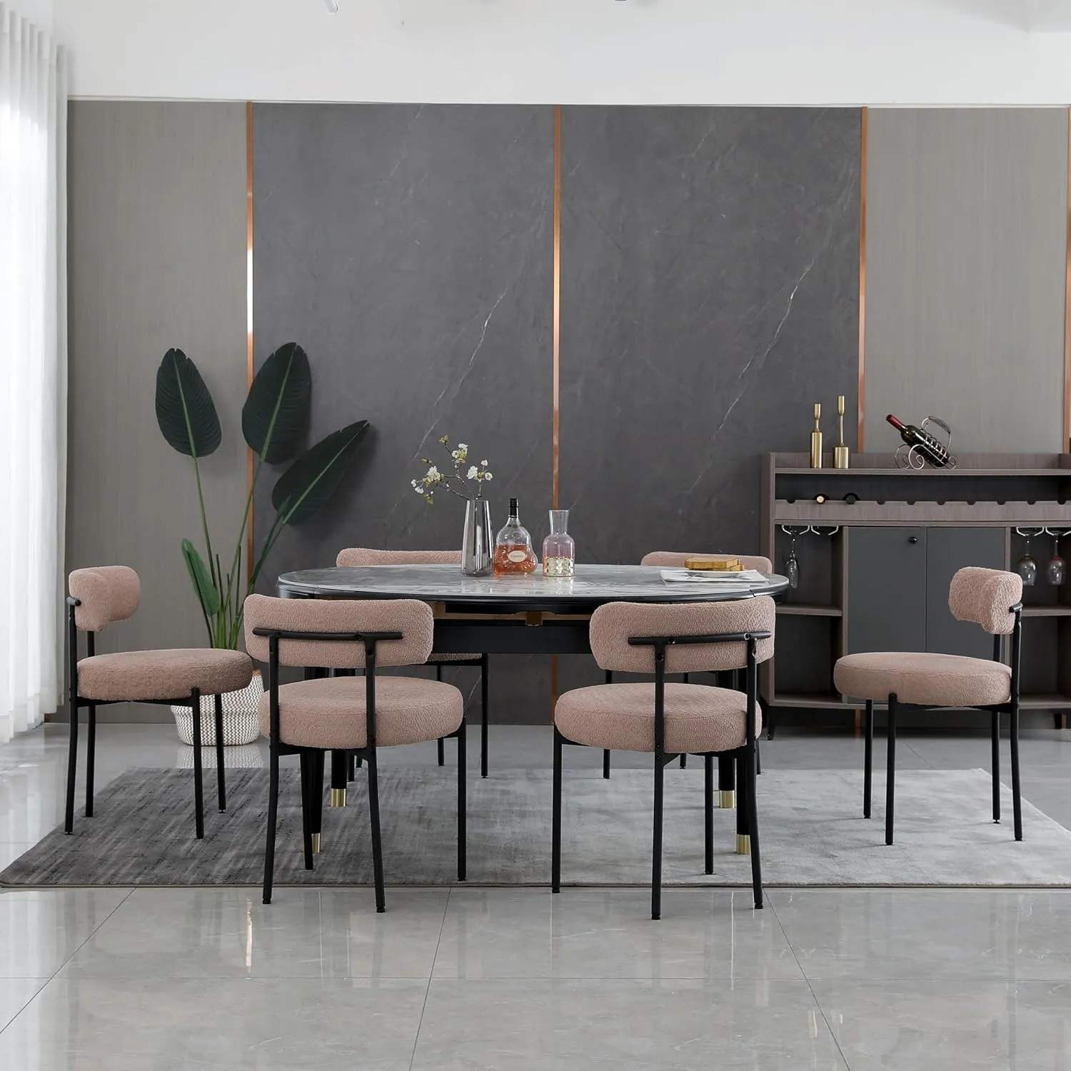 Dining Chairs Set of 2 Round Upholstered Boucle Dining Room Chairs Mid-Century Modern Kitchen Chairs Curved Backrest Dining Chairs with Black Metal Legs, Light Brown