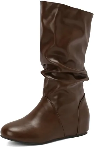 DINTAHA Womens Slouch Flat Boots Mid Calf Flat Boots Low Heel Fall Slouchy Cowgirl Boots