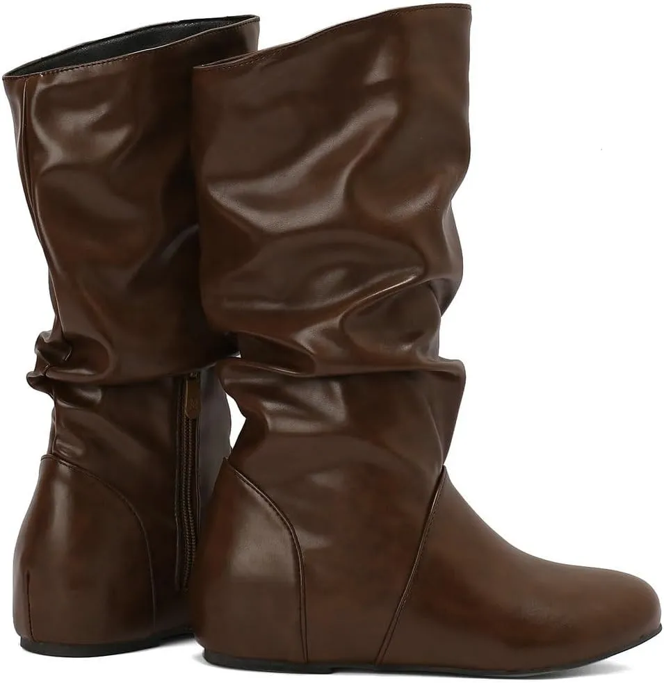 DINTAHA Womens Slouch Flat Boots Mid Calf Flat Boots Low Heel Fall Slouchy Cowgirl Boots