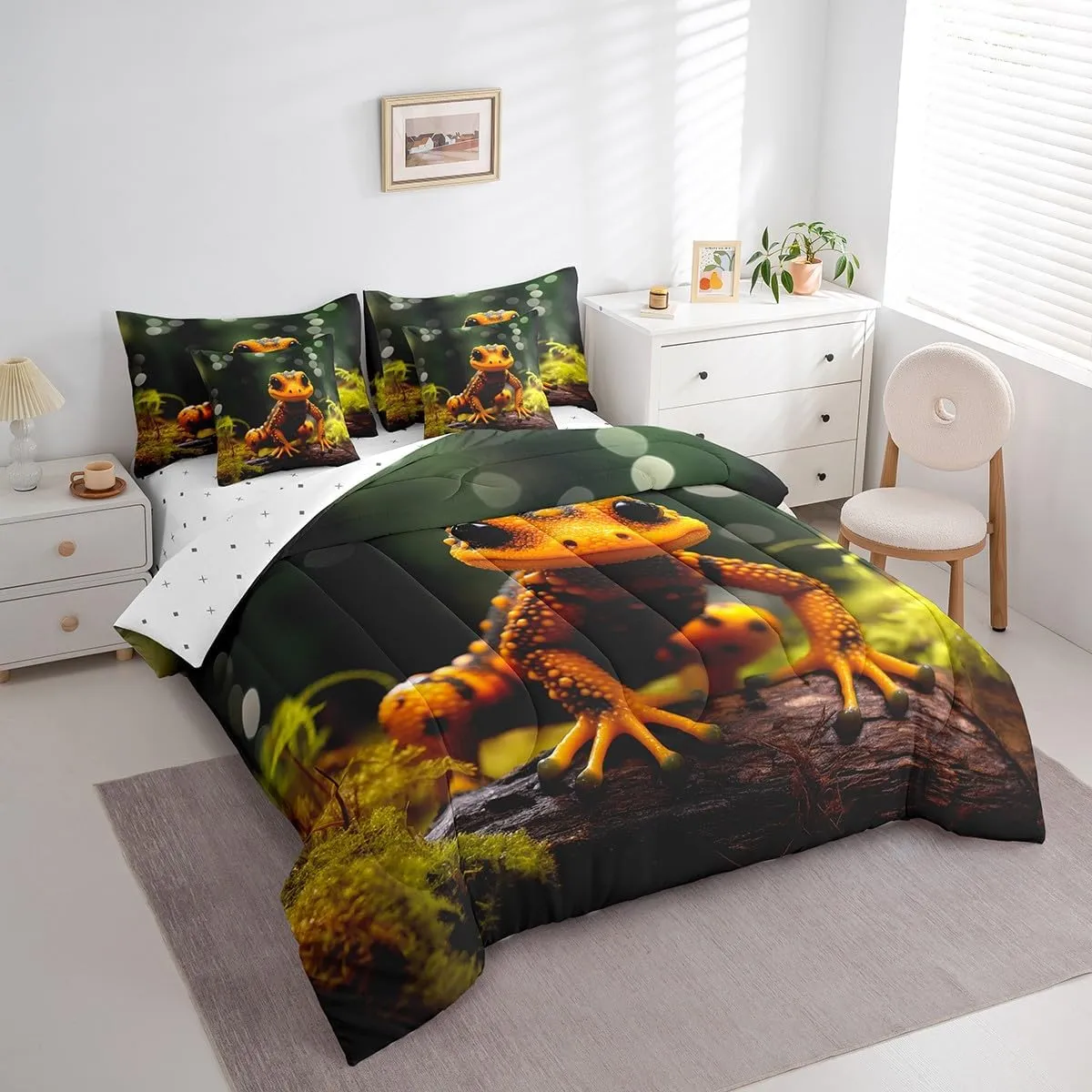 Erosebridal 3D Lizard Bed in a Bag 7-Piece Botanical Plants Toddler Bedding Set, Wild Animal Full Size Comforter Set Reptile Wildlife Bedding Comforter Sets, Branches Leaves Bed Set for All Seasons