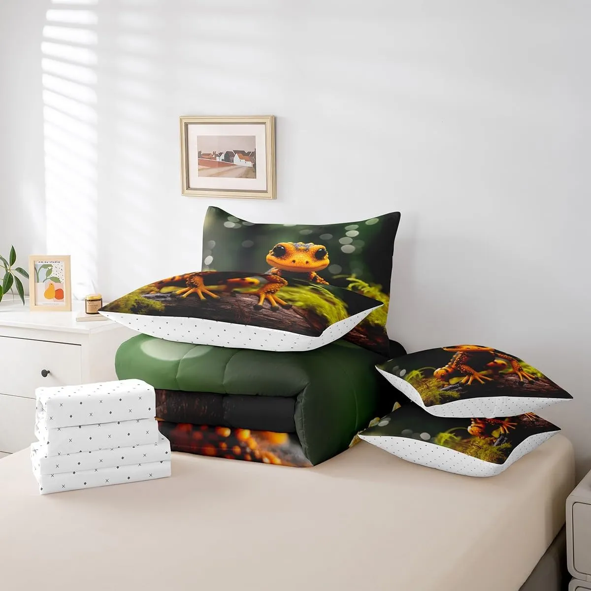 Erosebridal 3D Lizard Bed in a Bag 7-Piece Botanical Plants Toddler Bedding Set, Wild Animal Full Size Comforter Set Reptile Wildlife Bedding Comforter Sets, Branches Leaves Bed Set for All Seasons