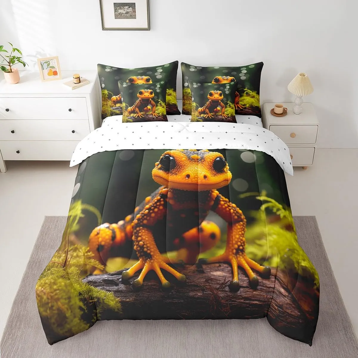 Erosebridal 3D Lizard Bed in a Bag 7-Piece Botanical Plants Toddler Bedding Set, Wild Animal Full Size Comforter Set Reptile Wildlife Bedding Comforter Sets, Branches Leaves Bed Set for All Seasons