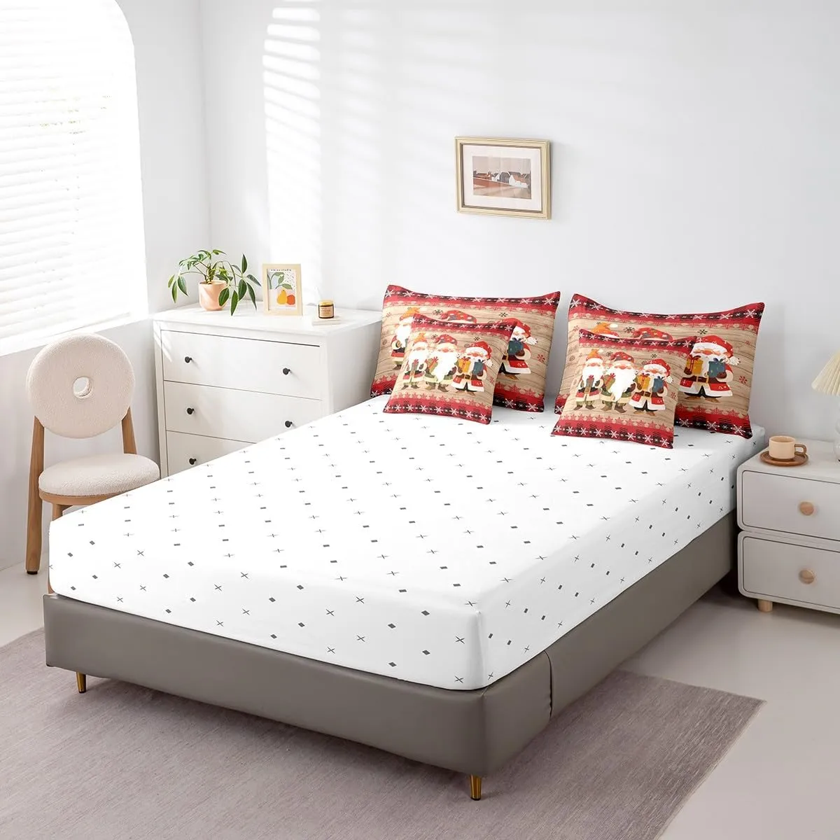 Erosebridal Queen Christmas Gnomes Comforter Set 7 Pieces, Snowflake New Year Bed in A Bag, Rustic Wooden Planks Bedding Set Xmas Santa Claus Comforter, Flat Sheet, Fitted Sheet, Pillowcases, Red