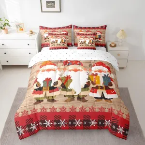 Erosebridal Queen Christmas Gnomes Comforter Set 7 Pieces, Snowflake New Year Bed in A Bag, Rustic Wooden Planks Bedding Set Xmas Santa Claus Comforter, Flat Sheet, Fitted Sheet, Pillowcases, Red