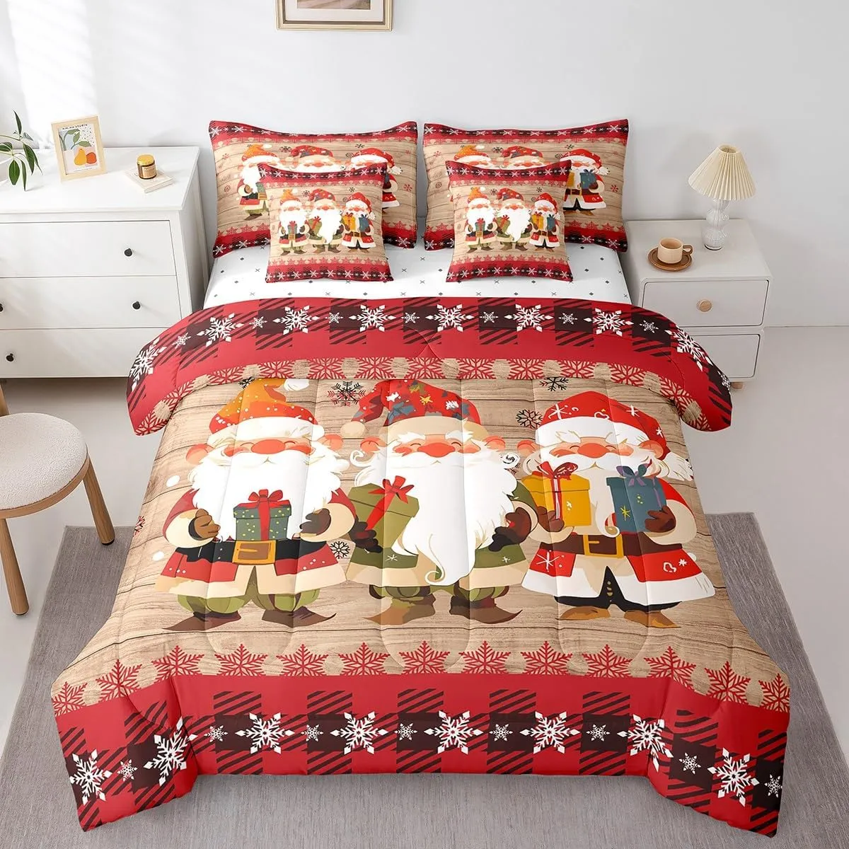 Erosebridal Queen Christmas Gnomes Comforter Set 7 Pieces, Snowflake New Year Bed in A Bag, Rustic Wooden Planks Bedding Set Xmas Santa Claus Comforter, Flat Sheet, Fitted Sheet, Pillowcases, Red