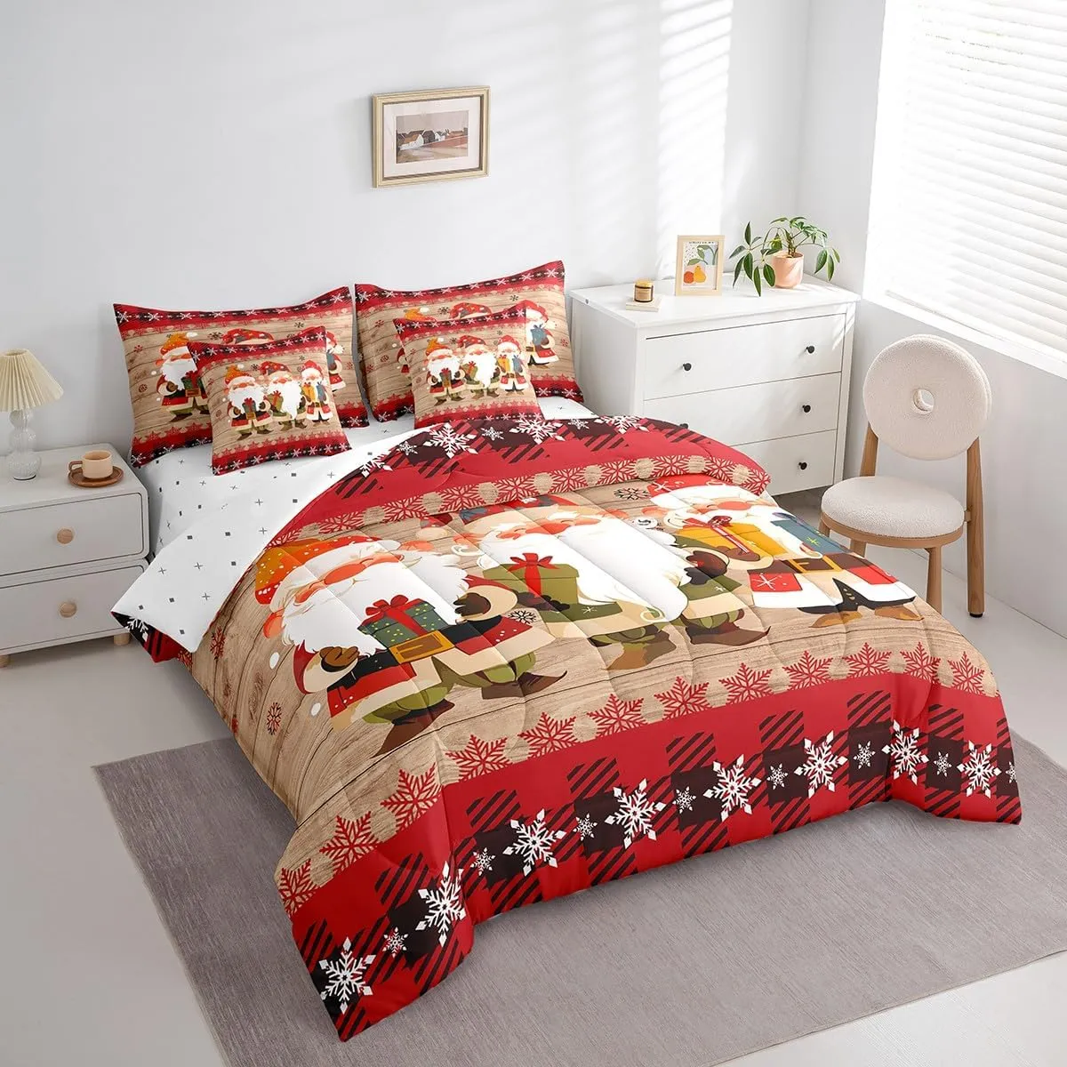 Erosebridal Queen Christmas Gnomes Comforter Set 7 Pieces, Snowflake New Year Bed in A Bag, Rustic Wooden Planks Bedding Set Xmas Santa Claus Comforter, Flat Sheet, Fitted Sheet, Pillowcases, Red
