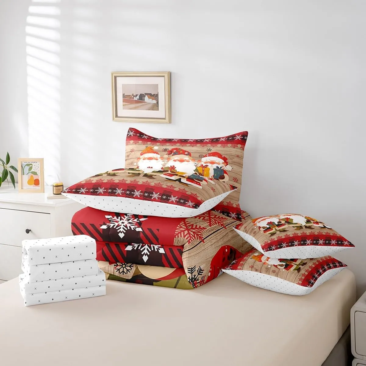 Erosebridal Queen Christmas Gnomes Comforter Set 7 Pieces, Snowflake New Year Bed in A Bag, Rustic Wooden Planks Bedding Set Xmas Santa Claus Comforter, Flat Sheet, Fitted Sheet, Pillowcases, Red