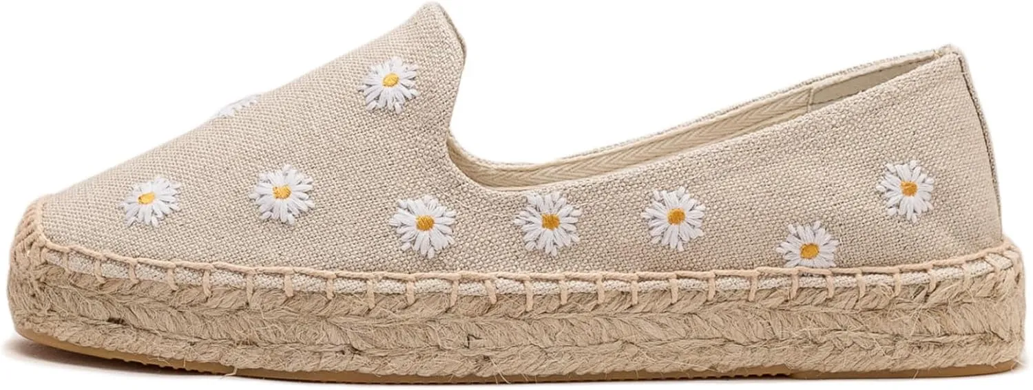 Espadrilles for Women - Casual Loafers Thick Sole Embroidery Flat Round-Toe Design Non-Slip Bottom Easy to On Off Suitable for Work,Outdoor,Home