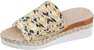 Ethnic Women's Thick Soled Fish Mouth Flat Sandals With Colorful Straw Straps Closed Toed Shoes Women
