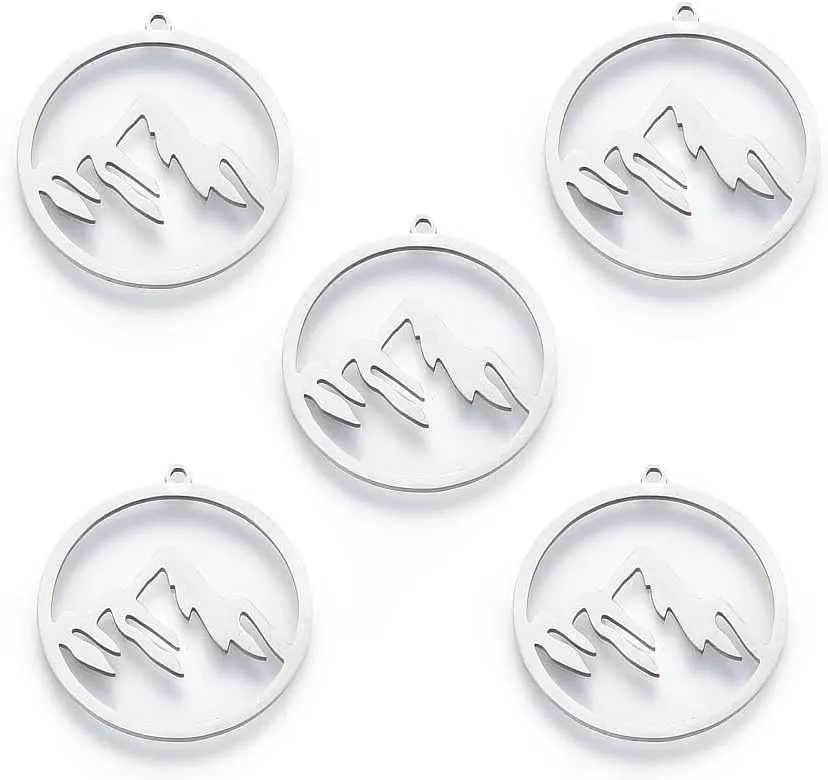 FASHEWELRY 50 PCS Hollow Mountain Charms Stainless Steel Flat Round Massif Pendant 27.5x26x2mm Mountain Range Charms for Necklace Bracelet Earring Making