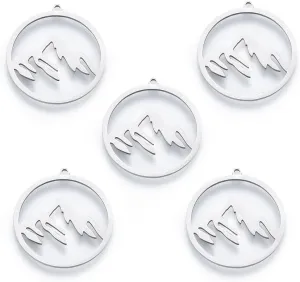 FASHEWELRY 50 PCS Hollow Mountain Charms Stainless Steel Flat Round Massif Pendant 27.5x26x2mm Mountain Range Charms for Necklace Bracelet Earring Making