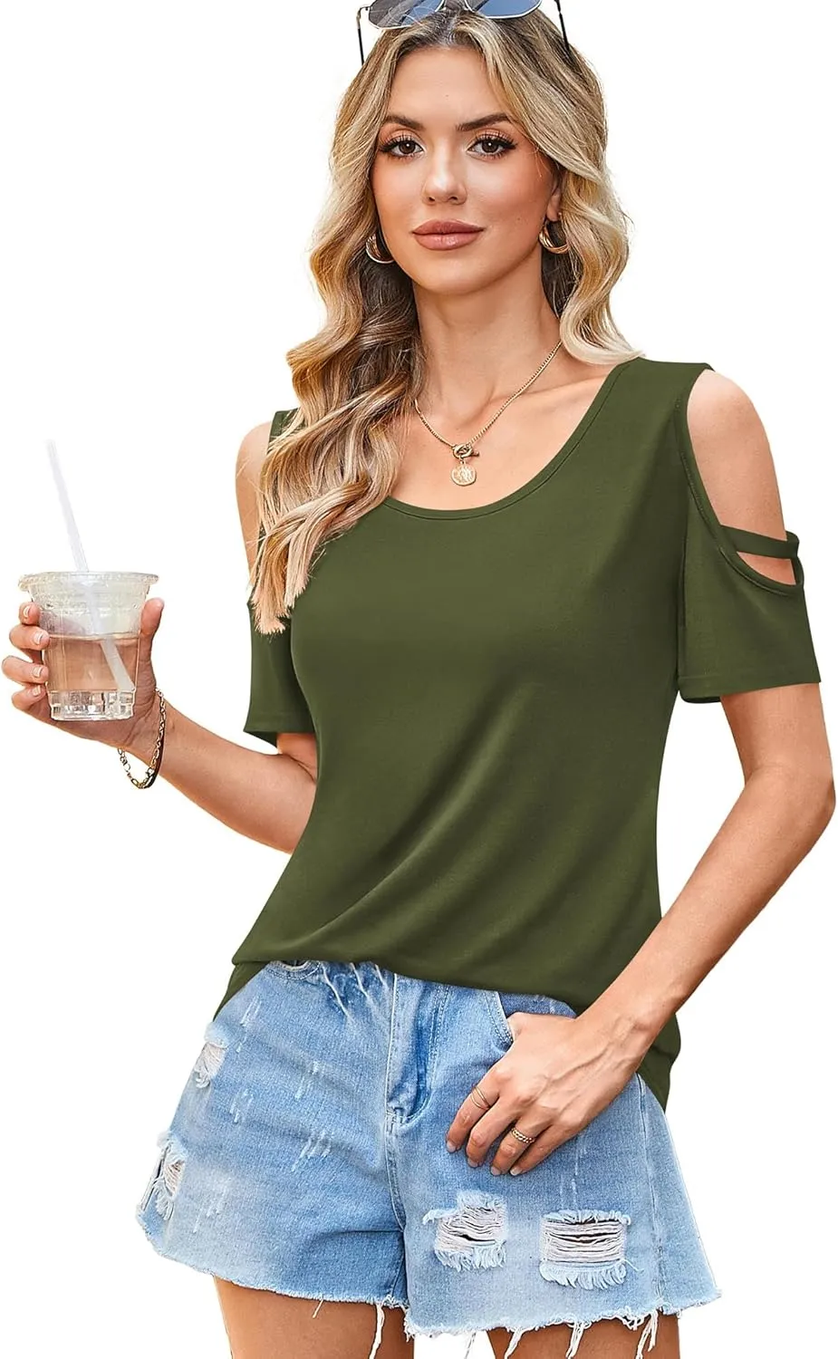 Florboom Womens Cold Shoulder Top Summer Basic T Shirts 3/4 Sleeve Casual Blouse Tshirts