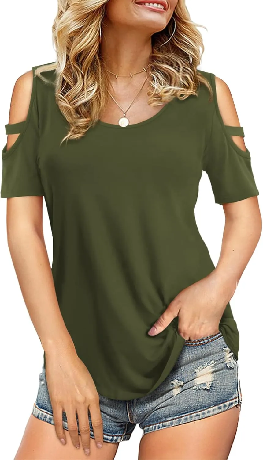 Florboom Womens Cold Shoulder Top Summer Basic T Shirts 3/4 Sleeve Casual Blouse Tshirts