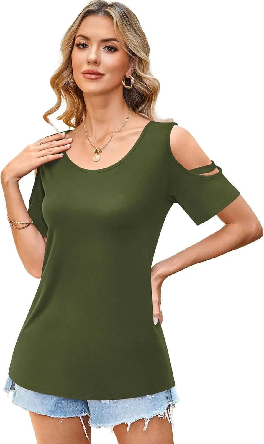 Florboom Womens Cold Shoulder Top Summer Basic T Shirts 3/4 Sleeve Casual Blouse Tshirts