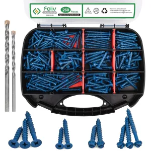 FOLIV 260PCS Concrete Screws with Drill Bit, 1/4 3/16 Concrete Screws Assortment Kit, Flat & Hex Head Masonry Block Brick Cement Screws and Anchors, Diamond Point, Length from 1-1/4” to 2-1/4”
