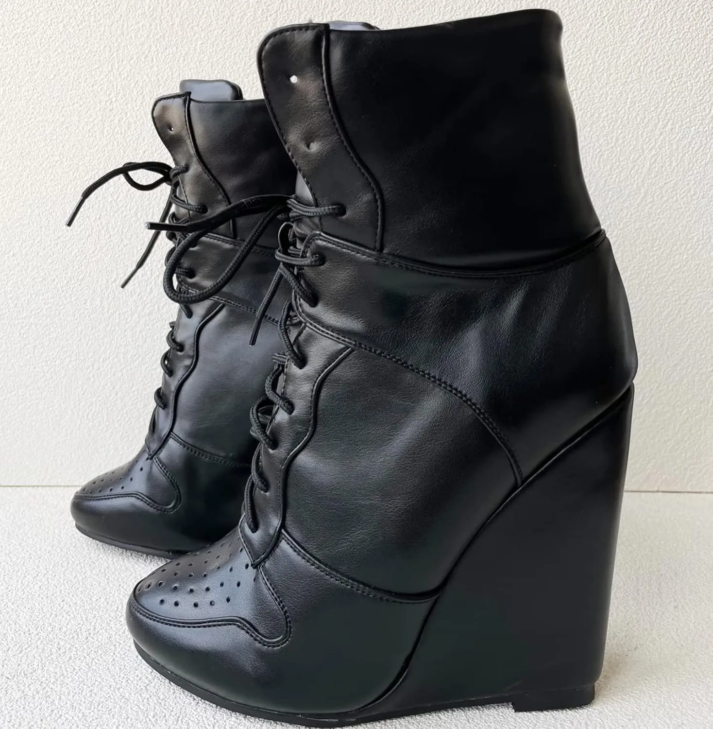 Frankie Hsu Wedge Sport Basketball High Heeled Ankle Boots, Casual Black Classic Sneaker Bootie, Big Size Fashion Designer Shoes For Women Men