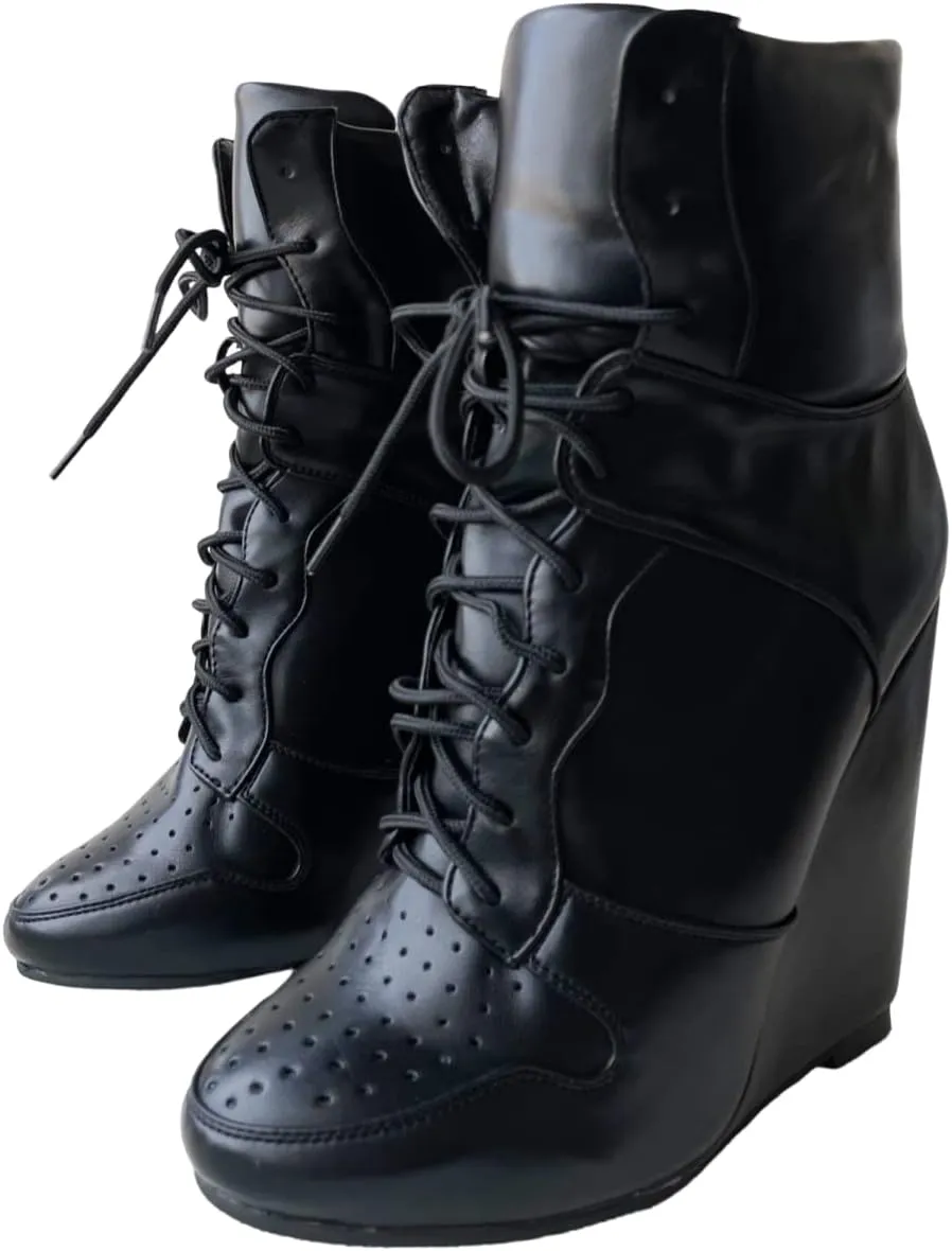 Frankie Hsu Wedge Sport Basketball High Heeled Ankle Boots, Casual Black Classic Sneaker Bootie, Big Size Fashion Designer Shoes For Women Men