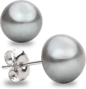 Freshwater Cultured Pearl Stud Earrings for Women Button Shape Gray Color SECRET & YOU - Sterling Silver 925 - Available in 4 sizes from 8 mm to 11 mm