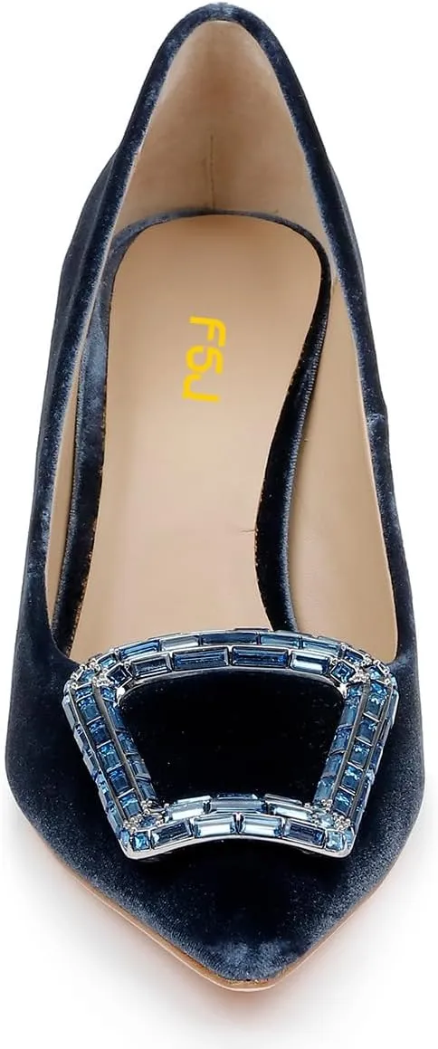 FSJ Women Classic Chain High Heel Wedding Pumps Pointed Toe Sparkly Rhinestone Slip On Crystal Bridal Studded Jewel Buckle Shoes Size 4-16 US