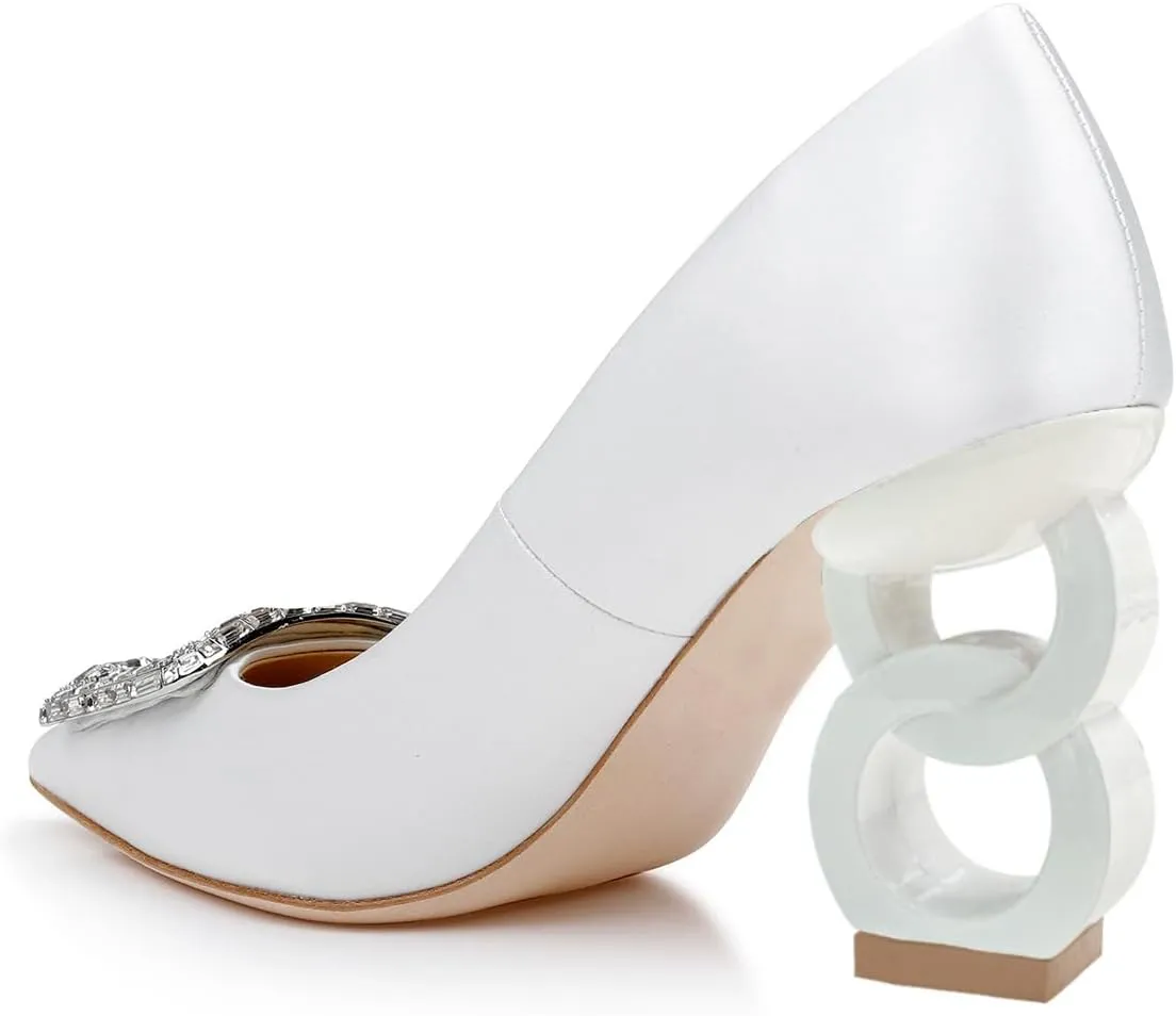 FSJ Women Classic Chain High Heel Wedding Pumps Pointed Toe Sparkly Rhinestone Slip On Crystal Bridal Studded Jewel Buckle Shoes Size 4-16 US
