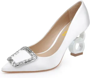FSJ Women Classic Chain High Heel Wedding Pumps Pointed Toe Sparkly Rhinestone Slip On Crystal Bridal Studded Jewel Buckle Shoes Size 4-16 US