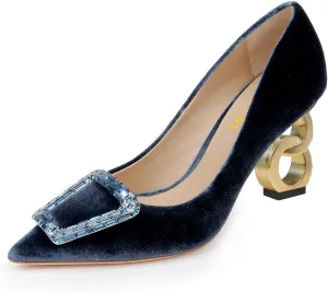 FSJ Women Classic Chain High Heel Wedding Pumps Pointed Toe Sparkly Rhinestone Slip On Crystal Bridal Studded Jewel Buckle Shoes Size 4-16 US