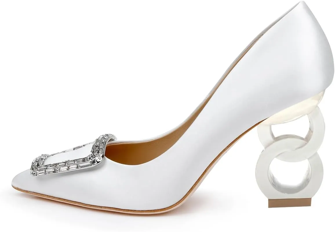 FSJ Women Classic Chain High Heel Wedding Pumps Pointed Toe Sparkly Rhinestone Slip On Crystal Bridal Studded Jewel Buckle Shoes Size 4-16 US