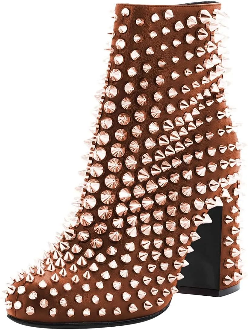 FSJ Women Round Toe Studded Chunky Heel Ankle Boots Side Zipper Sexy High Block Heel Rivets Bootie Fashion Party Dressy Shoes Size 4-16 US