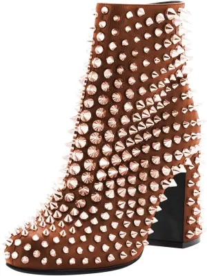 FSJ Women Round Toe Studded Chunky Heel Ankle Boots Side Zipper Sexy High Block Heel Rivets Bootie Fashion Party Dressy Shoes Size 4-16 US