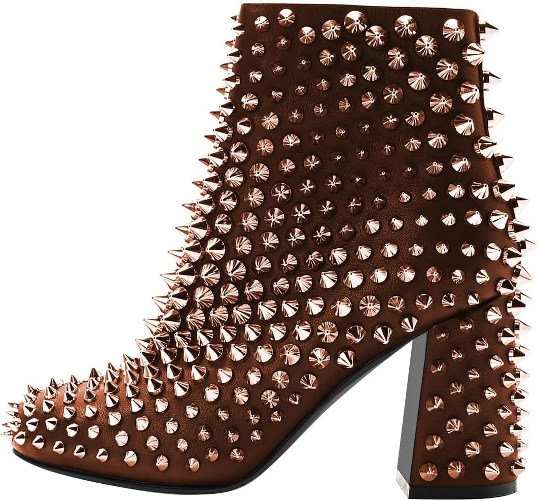 FSJ Women Round Toe Studded Chunky Heel Ankle Boots Side Zipper Sexy High Block Heel Rivets Bootie Fashion Party Dressy Shoes Size 4-16 US