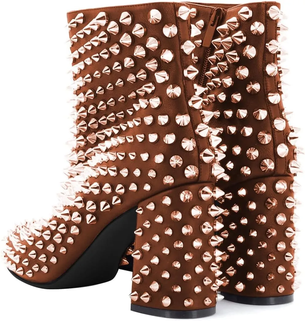 FSJ Women Round Toe Studded Chunky Heel Ankle Boots Side Zipper Sexy High Block Heel Rivets Bootie Fashion Party Dressy Shoes Size 4-16 US