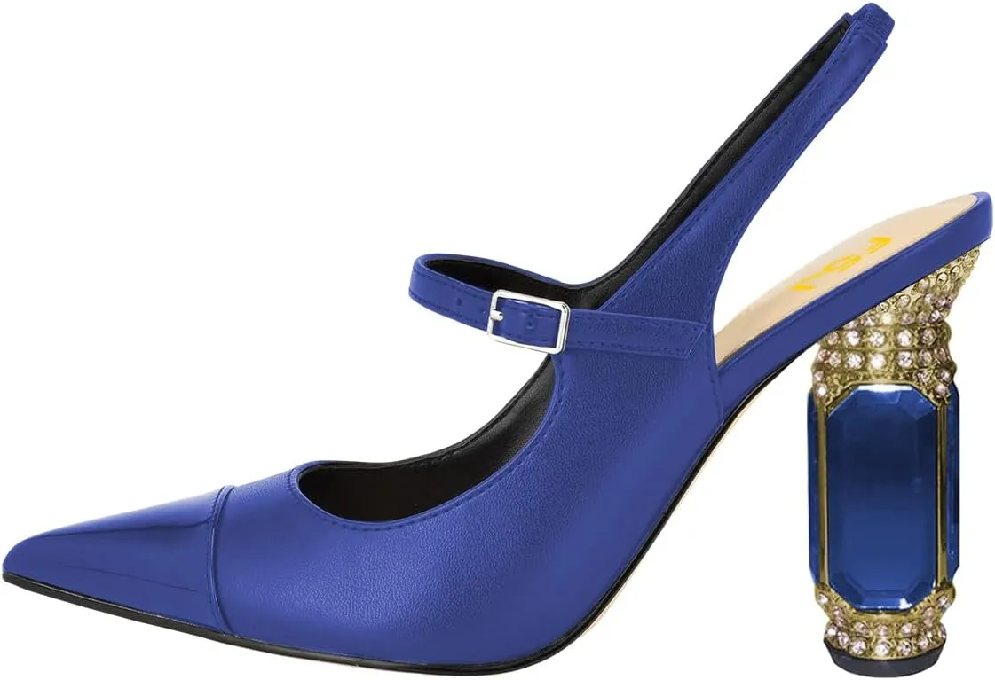 FSJ Women Slingback Crystal High Heel Pointed Closed Toe Ankle Strap Pumps Fashion Backless Dress Sandals Prom Party Shoes Size 4-16 US