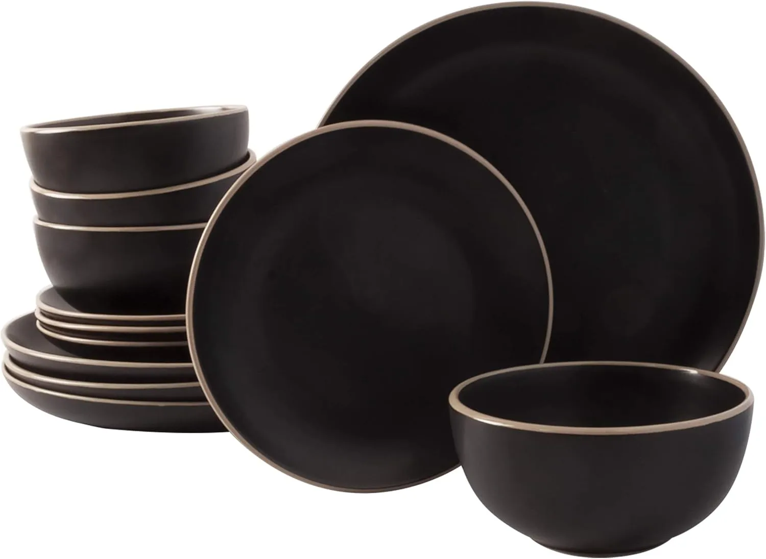 Gibson Home Rockaway Round Stoneware Dinnerware Sets, Service for 4 (12pcs), Black