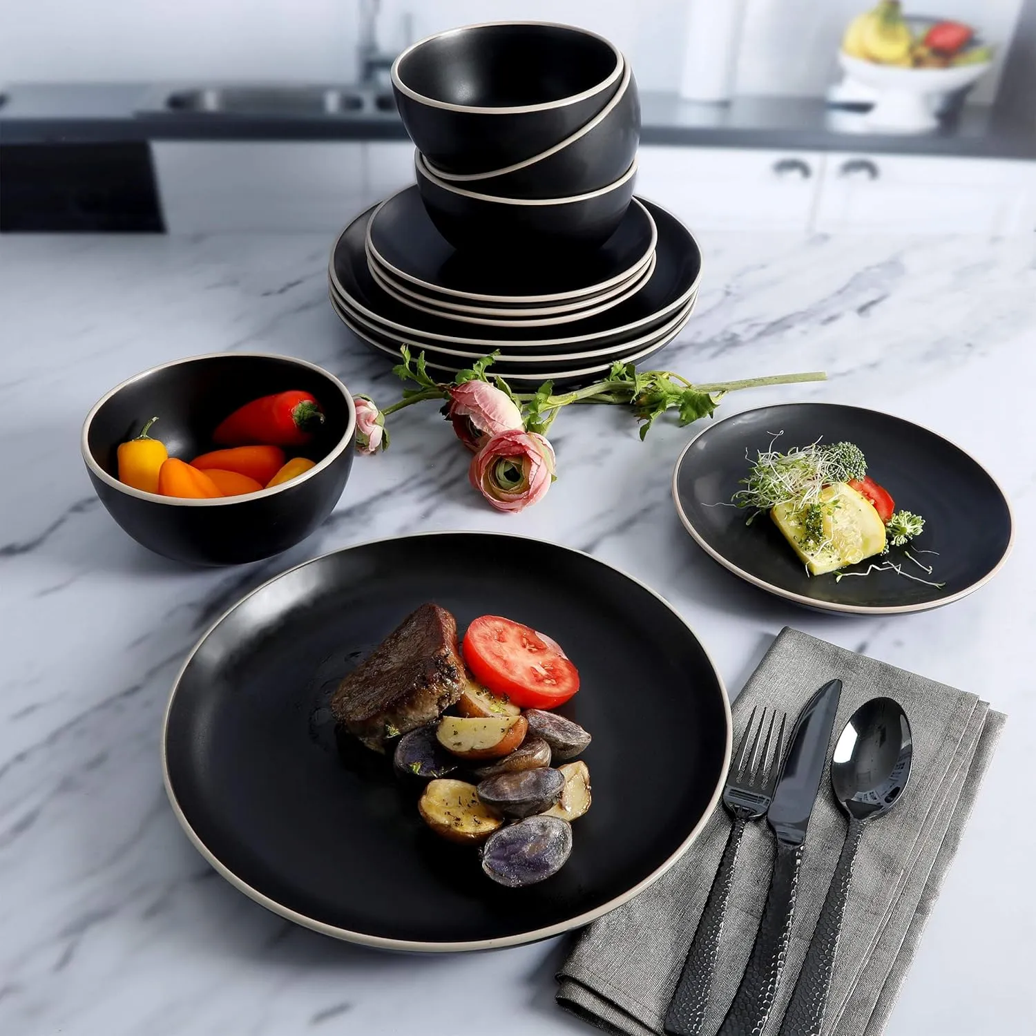 Gibson Home Rockaway Round Stoneware Dinnerware Sets, Service for 4 (12pcs), Black