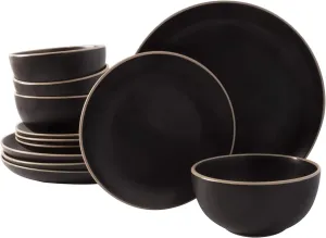Gibson Home Rockaway Round Stoneware Dinnerware Sets, Service for 4 (12pcs), Black